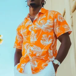Best OUKU Men's Leaf Tropical Summer Hawaiian Shirt Aloha Shirt Short Sleeve Hawaiian Vacation Summer Spring Turndown Button Up White Blue Orange Green