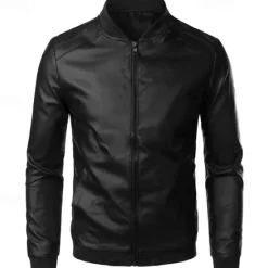 Sale OUKU Men's Leather Jacket Casual Jacket Biker Jacket Daily Vacation Windproof Warm Pocket Fall & Winter Plain Fashion Classic Stand Collar Regular Faux Leather Black Brown Jacket