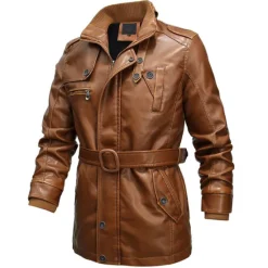 Online OUKU Men's Leather Jacket Motorcycle Jacket Outdoor Daily Wear Windproof Warm Pocket With Belt Fall Winter Plain Fashion Streetwear Stand Collar Regular Jacket Yellow