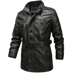 Online OUKU Men's Leather Jacket Motorcycle Jacket Outdoor Daily Wear Windproof Warm Pocket With Belt Fall Winter Plain Fashion Streetwear Stand Collar Regular Jacket Yellow