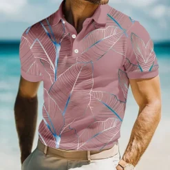 Online OUKU Men's Leaves Polo Short Sleeve Polo Shirts Collared Shirts Casual Resort School Outdoor Daily Wear Vacation Wear 3D Print Summer Spring Fall Lake blue Pink Blue