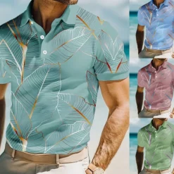 Online OUKU Men's Leaves Polo Short Sleeve Polo Shirts Collared Shirts Casual Resort School Outdoor Daily Wear Vacation Wear 3D Print Summer Spring Fall Lake blue Pink Blue