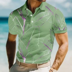 Online OUKU Men's Leaves Polo Short Sleeve Polo Shirts Collared Shirts Casual Resort School Outdoor Daily Wear Vacation Wear 3D Print Summer Spring Fall Lake blue Pink Blue