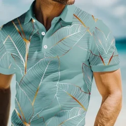 Online OUKU Men's Leaves Polo Short Sleeve Polo Shirts Collared Shirts Casual Resort School Outdoor Daily Wear Vacation Wear 3D Print Summer Spring Fall Lake blue Pink Blue