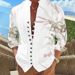 Outlet OUKU Men's Leaves Shirt Button Up Shirt Long Sleeve Fashion Designer Casual Outdoor Vacation Daily Fall Autumn / Fall Spring & Summer Stand Collar Print Lake blue White Pink Red Blue