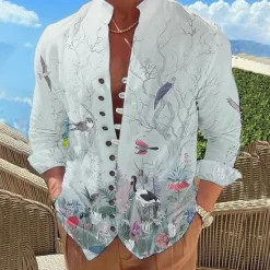 Outlet OUKU Men's Leaves Shirt Button Up Shirt Long Sleeve Fashion Designer Casual Outdoor Vacation Daily Fall Autumn / Fall Spring & Summer Stand Collar Print Lake blue White Pink Red Blue