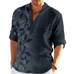 New OUKU Men's Leaves Shirt Button Up Shirt Long Sleeve Fashion Streetwear Designer Casual Going out Summer Spring Fall Stand Collar Print Blue Purple Green Khaki Gray