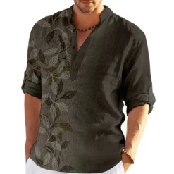 New OUKU Men's Leaves Shirt Button Up Shirt Long Sleeve Fashion Streetwear Designer Casual Going out Summer Spring Fall Stand Collar Print Blue Purple Green Khaki Gray