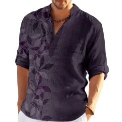 New OUKU Men's Leaves Shirt Button Up Shirt Long Sleeve Fashion Streetwear Designer Casual Going out Summer Spring Fall Stand Collar Print Blue Purple Green Khaki Gray