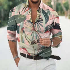 Best OUKU Men's Leaves Tropical Plants Shirt Summer Hawaiian Shirt Aloha Shirt Long Sleeve Shirt Turndown Fashion Designer Casual Vacation Daily Holiday Light Green Pink Dark Green 3D Print S M L