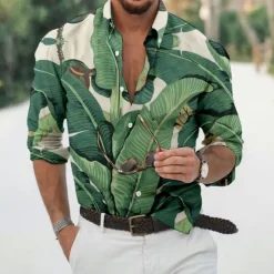 Best OUKU Men's Leaves Tropical Plants Shirt Summer Hawaiian Shirt Aloha Shirt Long Sleeve Shirt Turndown Fashion Designer Casual Vacation Daily Holiday Light Green Pink Dark Green 3D Print S M L