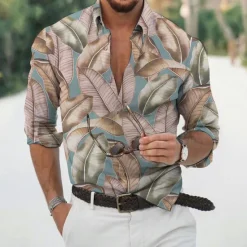 Best OUKU Men's Leaves Tropical Plants Shirt Summer Hawaiian Shirt Aloha Shirt Long Sleeve Shirt Turndown Fashion Designer Casual Vacation Daily Holiday Light Green Pink Dark Green 3D Print S M L