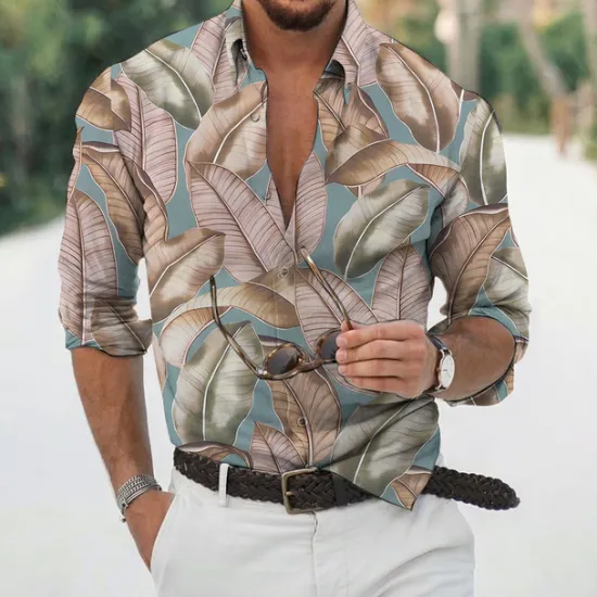 Best OUKU Men's Leaves Tropical Plants Shirt Summer Hawaiian Shirt Aloha Shirt Long Sleeve Shirt Turndown Fashion Designer Casual Vacation Daily Holiday Light Green Pink Dark Green 3D Print S M L