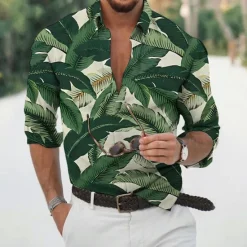 Best OUKU Men's Leaves Tropical Plants Shirt Summer Hawaiian Shirt Aloha Shirt Long Sleeve Shirt Turndown Fashion Designer Casual Vacation Daily Holiday Light Green Pink Dark Green 3D Print S M L