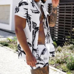 Sale OUKU Men's Leaves Tropical Plants 2pcs Shirts Sets Summer Hawaiian Shirt Short Sleeve Short Pants Turndown Tropical Fashion Hawaiian Street Casual Hawaiian Print Summer Spring White Yellow Pink