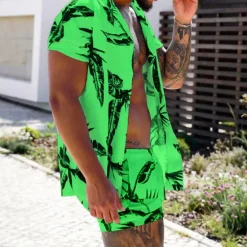 Sale OUKU Men's Leaves Tropical Plants 2pcs Shirts Sets Summer Hawaiian Shirt Short Sleeve Short Pants Turndown Tropical Fashion Hawaiian Street Casual Hawaiian Print Summer Spring White Yellow Pink