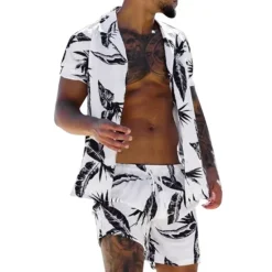 Sale OUKU Men's Leaves Tropical Plants 2pcs Shirts Sets Summer Hawaiian Shirt Short Sleeve Short Pants Turndown Tropical Fashion Hawaiian Street Casual Hawaiian Print Summer Spring White Yellow Pink