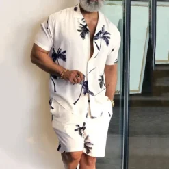 New OUKU Men's Leaves Tropical Plants 2pcs Shirts Sets Summer Hawaiian Shirt Short Sleeve Short Pants Cuban Collar Tropical Fashion Hawaiian Street Casual Hawaiian Print Summer Spring Black White Blue