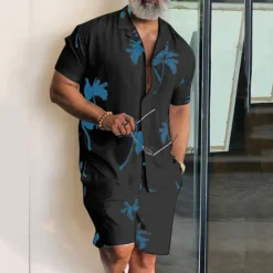 New OUKU Men's Leaves Tropical Plants 2pcs Shirts Sets Summer Hawaiian Shirt Short Sleeve Short Pants Cuban Collar Tropical Fashion Hawaiian Street Casual Hawaiian Print Summer Spring Black White Blue