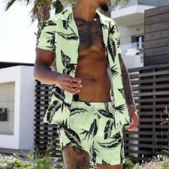 New OUKU Men's Leaves Tropical Plants 2pcs Shirts Sets Summer Hawaiian Shirt Short Sleeve Short Pants Turndown Fashion Hawaiian Designer Vacation Casual Daily Button-Down Spring & Summer White Yellow Pink