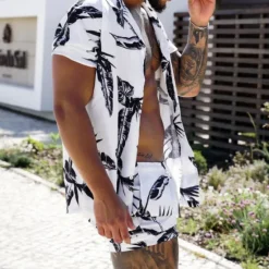 New OUKU Men's Leaves Tropical Plants 2pcs Shirts Sets Summer Hawaiian Shirt Short Sleeve Short Pants Turndown Fashion Hawaiian Designer Vacation Casual Daily Button-Down Spring & Summer White Yellow Pink