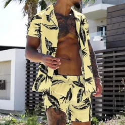 New OUKU Men's Leaves Tropical Plants 2pcs Shirts Sets Summer Hawaiian Shirt Short Sleeve Short Pants Turndown Fashion Hawaiian Designer Vacation Casual Daily Button-Down Spring & Summer White Yellow Pink