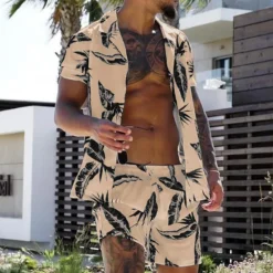 New OUKU Men's Leaves Tropical Plants 2pcs Shirts Sets Summer Hawaiian Shirt Short Sleeve Short Pants Turndown Fashion Hawaiian Designer Vacation Casual Daily Button-Down Spring & Summer White Yellow Pink