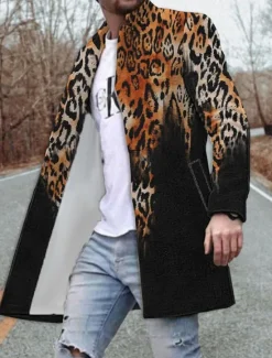 Best OUKU Men's Leopard Graphic Prints Winter Coat Overcoat Coat Warm Breathable Comfortable Fashion Streetwear Business Work Wear to work Going out Pocket Print Fall & Winter Turndown Long Sleeve Yellow Blue