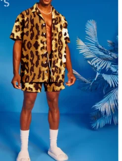 Discount OUKU Men's Leopard 2pcs Shirts Sets Summer Hawaiian Shirt Short Sleeve Short Pants Turndown Tropical Hawaiian Casual Sports & Outdoor Beach Buttons Elastic Waist Print Spring & Summer Yellow Blue Purple