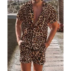 Clearance OUKU Men's Leopard 2pcs Shirts Sets Summer Hawaiian Shirt Short Sleeve Short Pants Turndown Tropical Fashion Hawaiian Casual Holiday Beach Print Summer Spring Blue Purple Brown