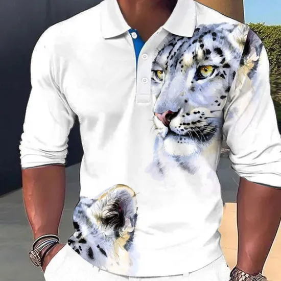 Online OUKU Men's Leopard Polo Shirts Golf Polos Shirts Long Sleeve Polo Shirts Collar Casual Vacation Party Evening Wear Dailywear Buttons 3D Print Spring Fall Winter White