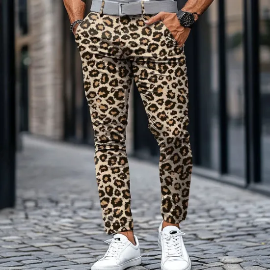 Best OUKU Men's Leopard Print Dress Pants Mid Waist Business Casual Formal Outdoor Street Zipper Pocket Summer Spring Fall 3D Print White Brown black / white