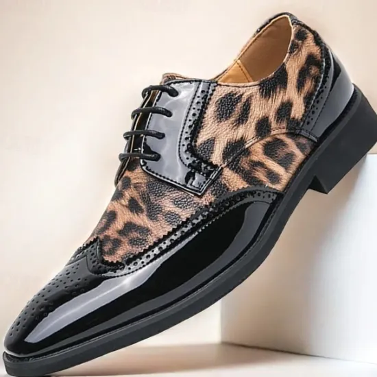 OUKU Men's Leopard Print Oxford Shoes - Patent Faux Leather Accents with Brogue Detailing for Formal and Party Occasions