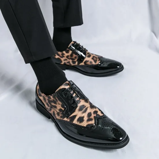 OUKU Men's Leopard Print Oxford Shoes - Patent Faux Leather Accents with Brogue Detailing for Formal and Party Occasions