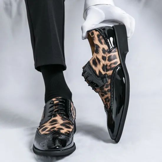 OUKU Men's Leopard Print Oxford Shoes - Patent Faux Leather Accents with Brogue Detailing for Formal and Party Occasions