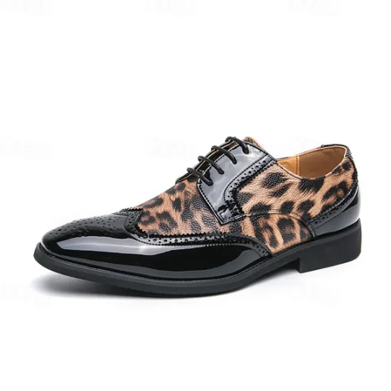 OUKU Men's Leopard Print Oxford Shoes - Patent Faux Leather Accents with Brogue Detailing for Formal and Party Occasions