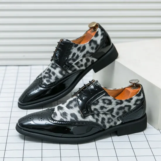 OUKU Men's Leopard Print Oxford Shoes - Patent Faux Leather Accents with Brogue Detailing for Formal and Party Occasions