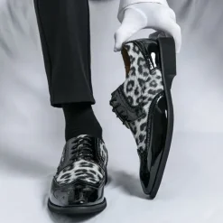 OUKU Men's Leopard Print Oxford Shoes - Patent Faux Leather Accents with Brogue Detailing for Formal and Party Occasions
