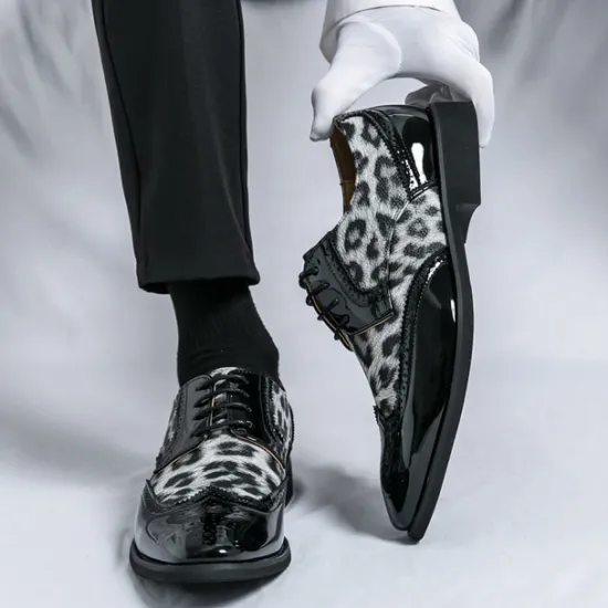 OUKU Men's Leopard Print Oxford Shoes - Patent Faux Leather Accents with Brogue Detailing for Formal and Party Occasions