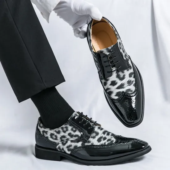 OUKU Men's Leopard Print Oxford Shoes - Patent Faux Leather Accents with Brogue Detailing for Formal and Party Occasions