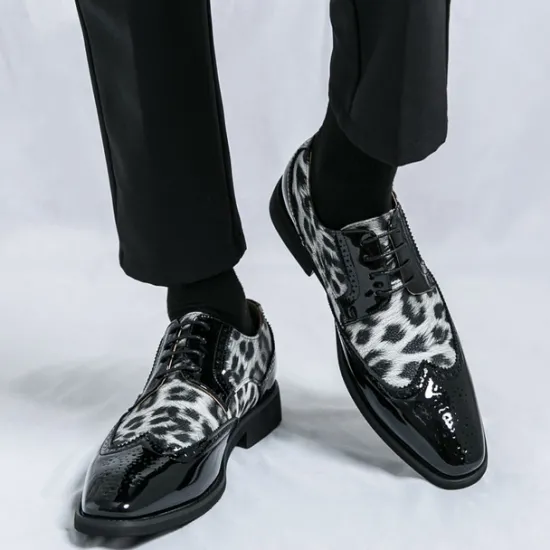 OUKU Men's Leopard Print Oxford Shoes - Patent Faux Leather Accents with Brogue Detailing for Formal and Party Occasions