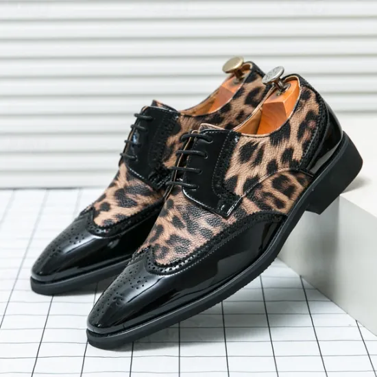 OUKU Men's Leopard Print Oxford Shoes - Patent Faux Leather Accents with Brogue Detailing for Formal and Party Occasions
