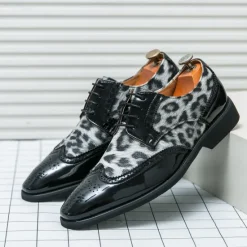 OUKU Men's Leopard Print Oxford Shoes - Patent Faux Leather Accents with Brogue Detailing for Formal and Party Occasions