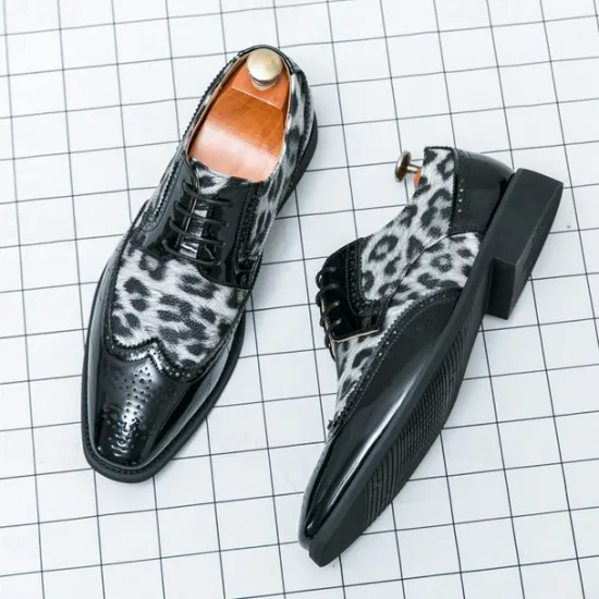 OUKU Men's Leopard Print Oxford Shoes - Patent Faux Leather Accents with Brogue Detailing for Formal and Party Occasions