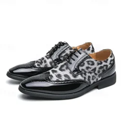 OUKU Men's Leopard Print Oxford Shoes - Patent Faux Leather Accents with Brogue Detailing for Formal and Party Occasions