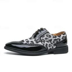 OUKU Men's Leopard Print Oxford Shoes - Patent Faux Leather Accents with Brogue Detailing for Formal and Party Occasions