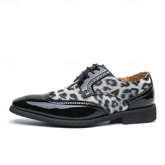 OUKU Men's Leopard Print Oxford Shoes - Patent Faux Leather Accents with Brogue Detailing for Formal and Party Occasions