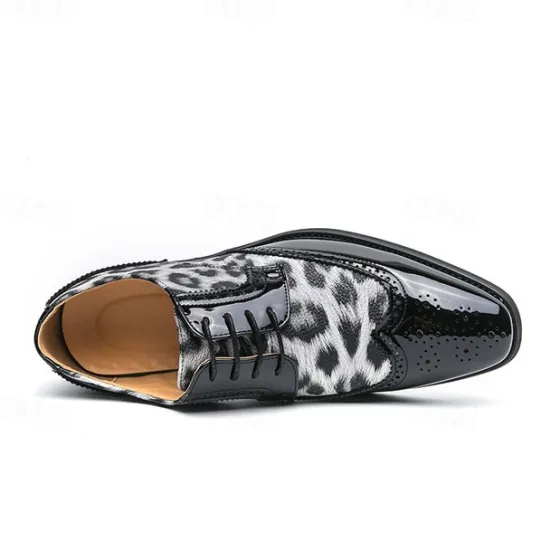 OUKU Men's Leopard Print Oxford Shoes - Patent Faux Leather Accents with Brogue Detailing for Formal and Party Occasions