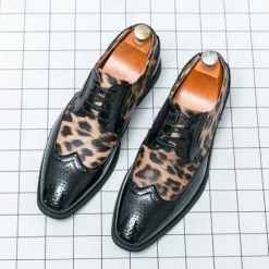 OUKU Men's Leopard Print Oxford Shoes - Patent Faux Leather Accents with Brogue Detailing for Formal and Party Occasions