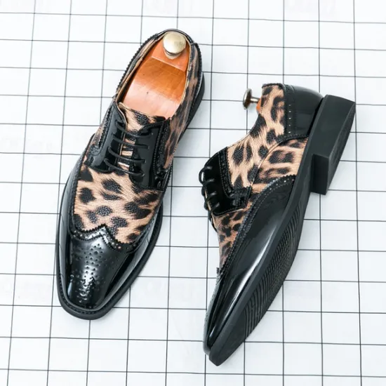 OUKU Men's Leopard Print Oxford Shoes - Patent Faux Leather Accents with Brogue Detailing for Formal and Party Occasions
